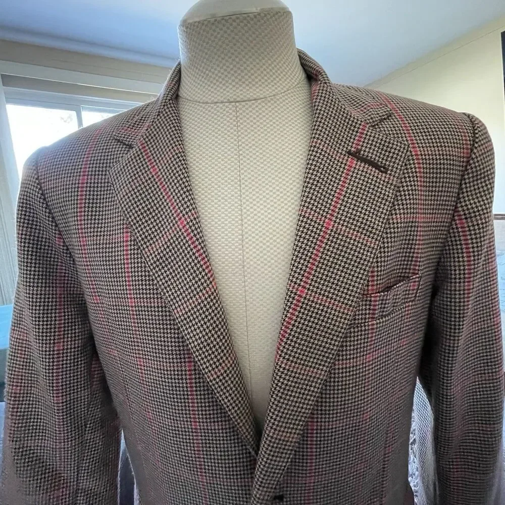Men's Houndstooth Wool Blend Blazer Gold Buttons Jacket Size Large Preppy Career